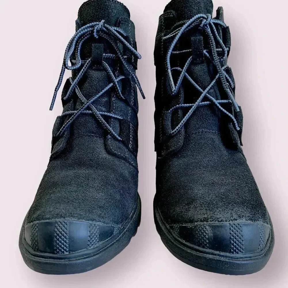 Sorel Suede Leather Waterproof Wedge Heel Ankle Bootie Lace Up Size 9 Black
